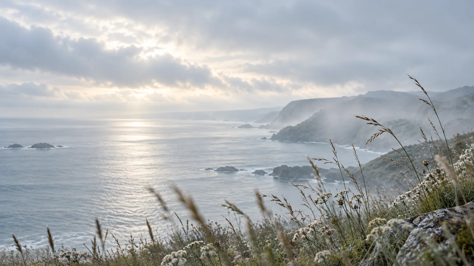 Sunlight opening over a quiet coastline